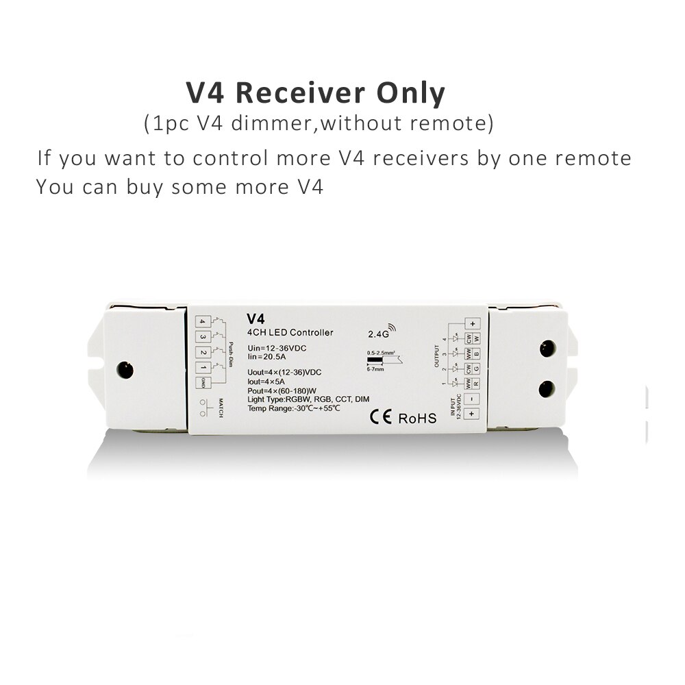 Led Controller Dimmer 12V 24V 36V Dc 4CH Pwm 2.4G Rf Wireless Remote Push Schakelaar Controle enkele Kleur Led Strip Verlichting Dimeer V4: V4 Receiver Only