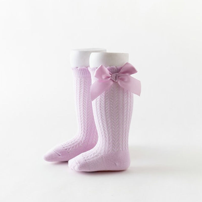 Chaussettes d'été pour bébé fille, avec nœuds, en maille, pour -né, hautes, respirantes, couleur unie, douces, en coton, pour nourrissons: purple