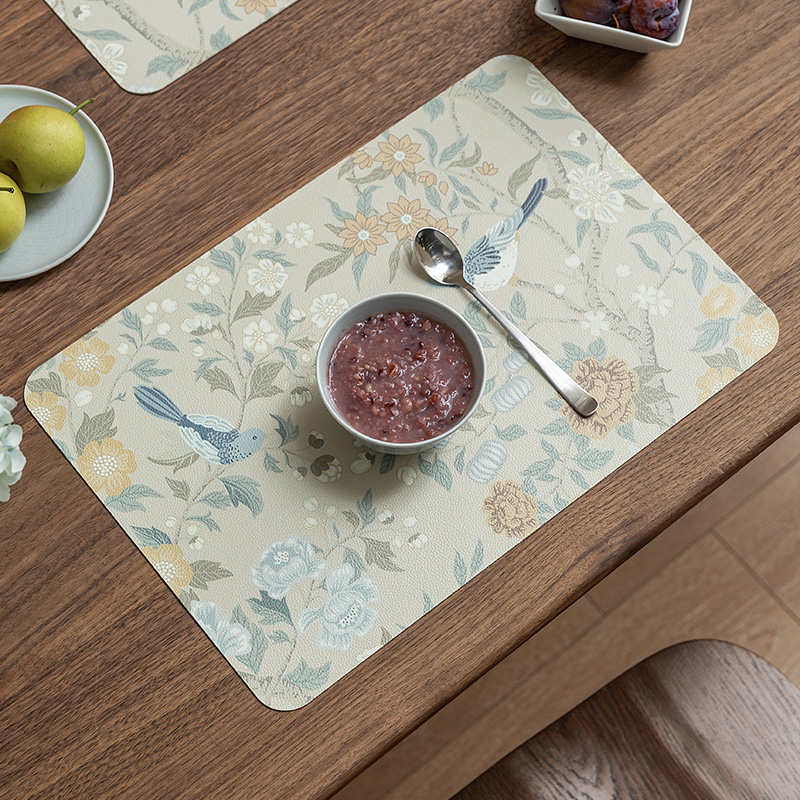 Heat Resistant Table Mats Set of 2, Hydrangea Faux Placemats, Floral Bird, Chinese Style, Digital Printing for Party Family
