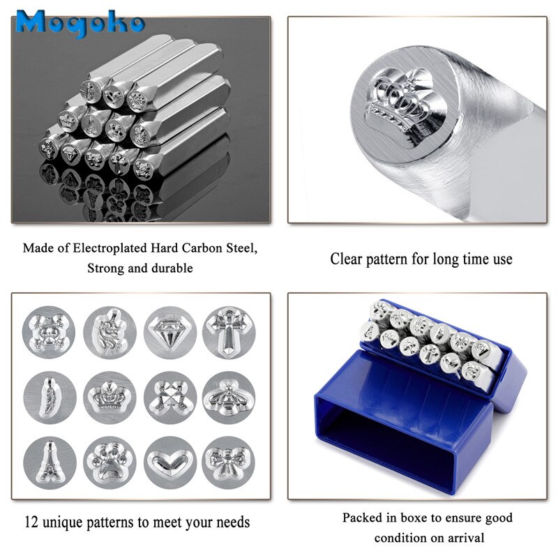 Mogoko 6mm Metal Stamp Punch Tool Aluminium Leather Unique Marking Symbol Punching Stamps Tools Craft for Stamping 12 Patterns