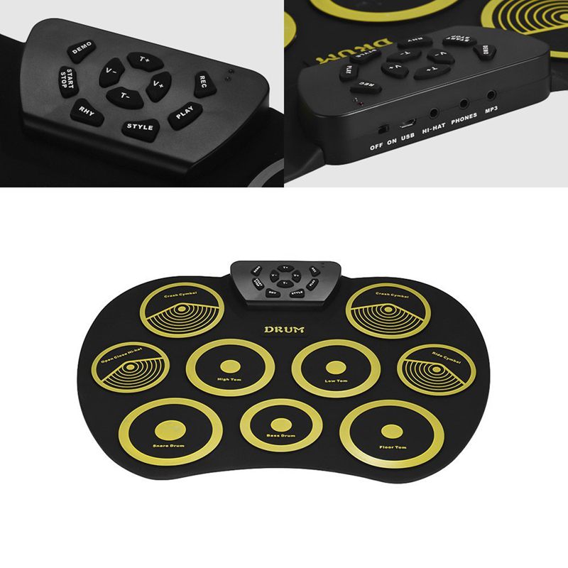Juego de batería electrónica portátil, Kit de batería enrollable, 9 almohadillas de silicona alimentadas por USB con pedales de pie, baquetas, Cable USB