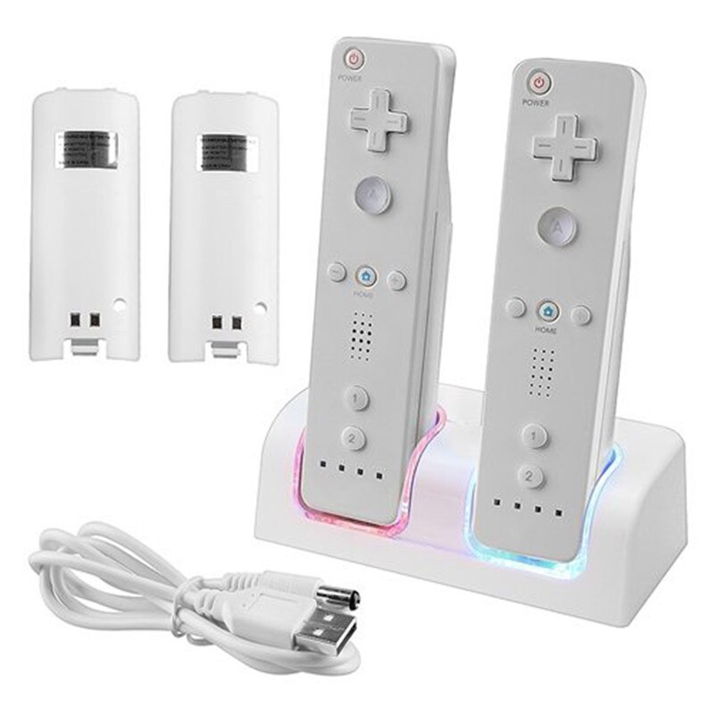 Voor N-Wii Controller Wit Afstandsbediening Dual Charging Dock Station + 2X2800 mAh Batterij Met forWii Blauwe LED Licht