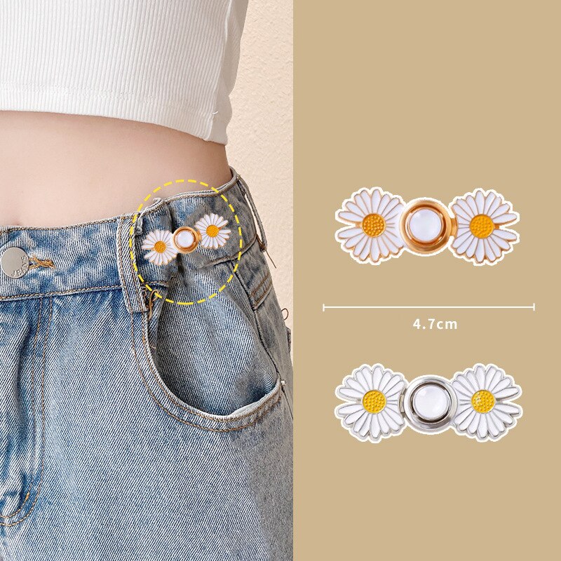 2 Stück Gänseblümchen-Blumen-Hosen-Broschen, Schnallennadeln, straffen sterben Taille, Taillenclip, verstellbarer Druckknopf, abnehmbarer Knopf für Hosen, Jeans: Nachgemachter Rhodium überzogen