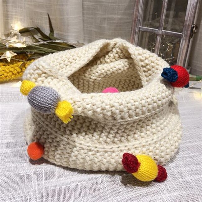 Höst vinter pojkar tjejer halsduk baby barn halskrage färgglad pompom godis halsduk varm tjock stickad ull barn o ring halsdukar: Beige