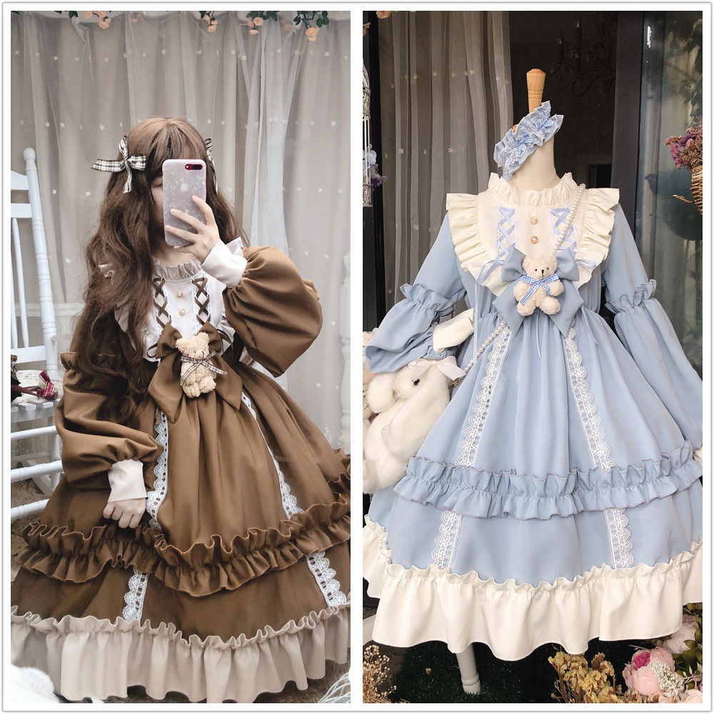 Gotisk lolita kjole kawaii viktoriansk goth klær til kvinner prinsesse kjole halloween kostymer til kvinner voksen kaffe blå fest