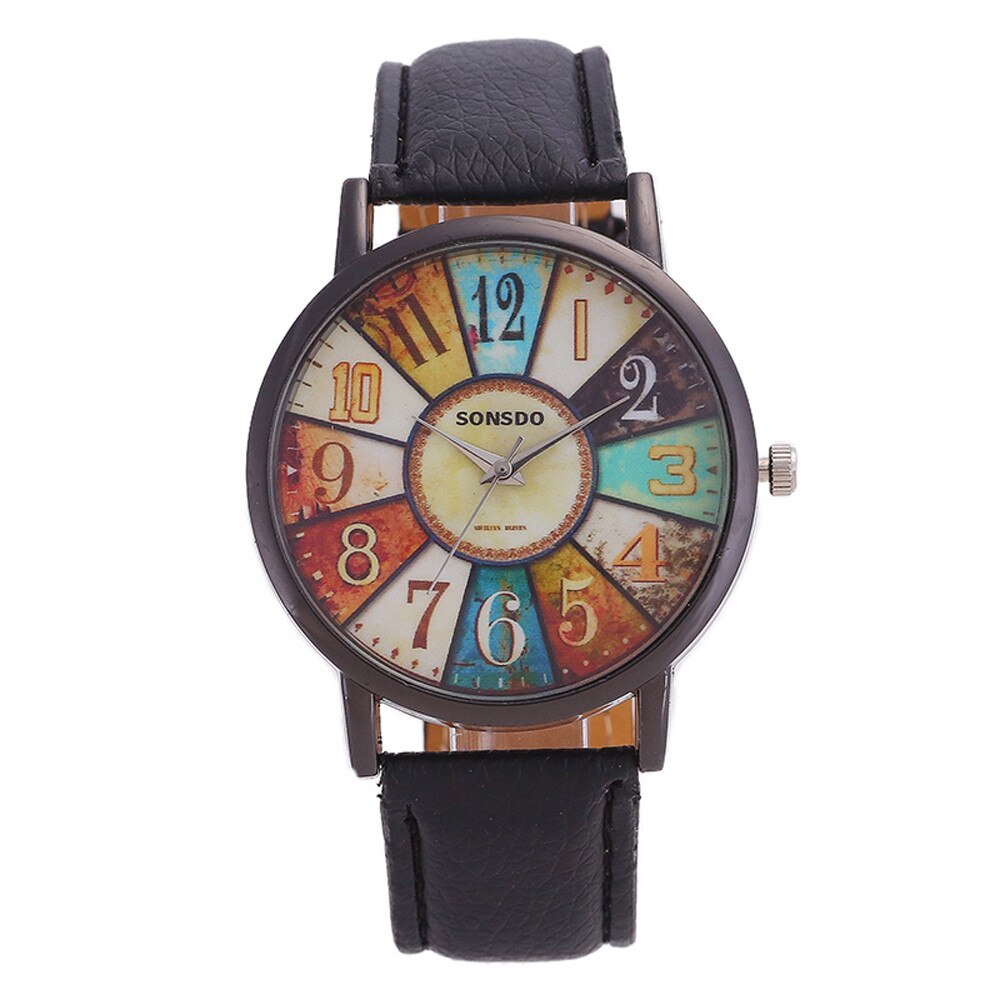 Reloj de cuarzo de estilo Retro para mujer, cronógrafo analógico de cuero de imitación con estampado de grafiti informal: Negro
