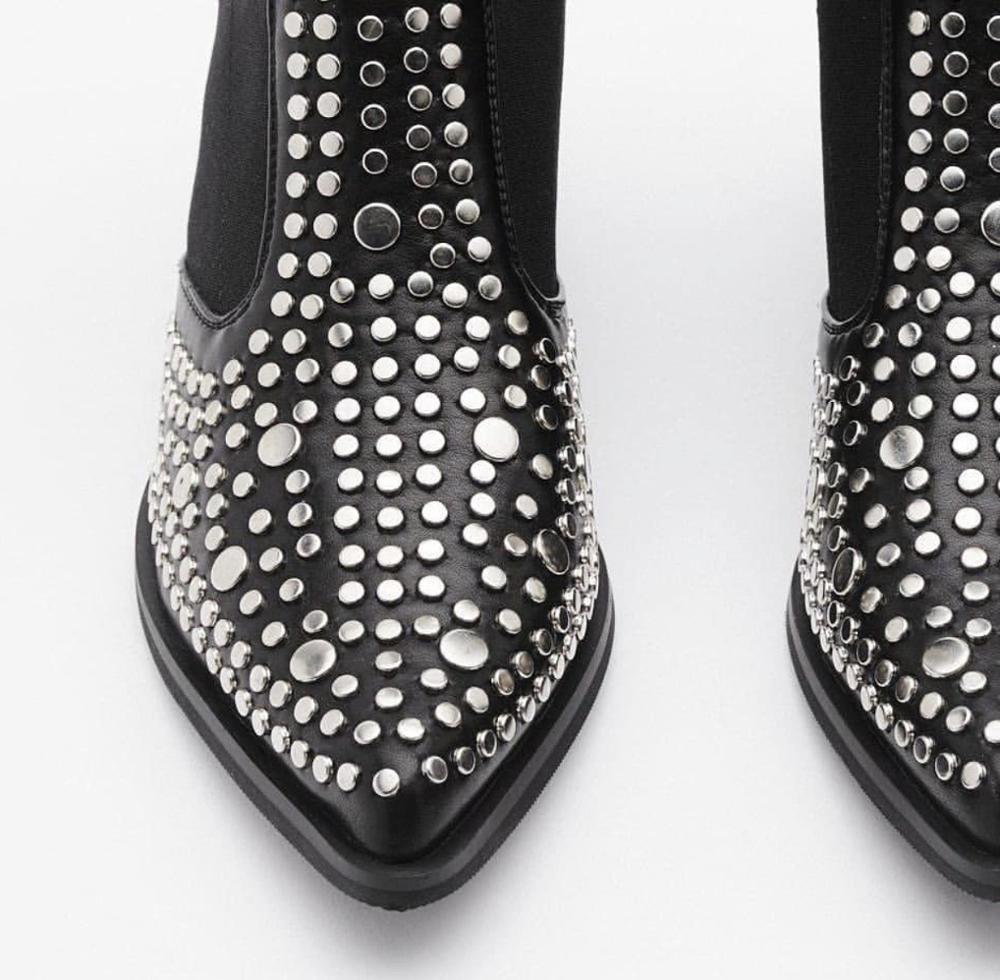 Botines de mujer con remaches cuadrados de estilo británico, botas de decoración estilo vaquero occidental con punta puntiaguda, tachuelas para Otoño e Invierno