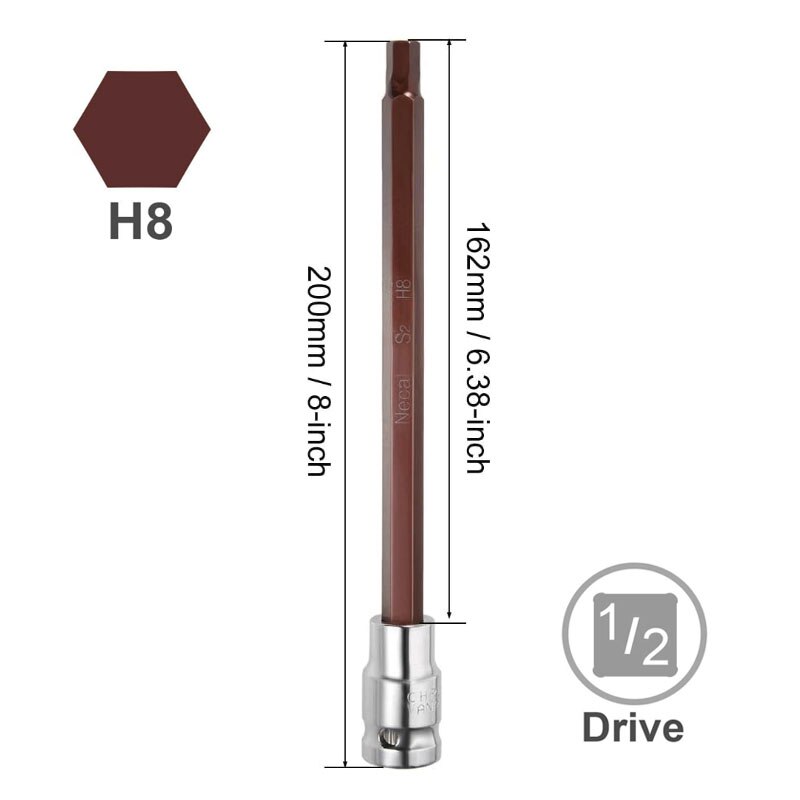 1/2" Drive x 4mm 5mm 6mm 8mm 10mm 12mm 14mm Hex Bit Socket, 200mm Long Metric, S2 &amp; Cr-V Steel: 200LxH8