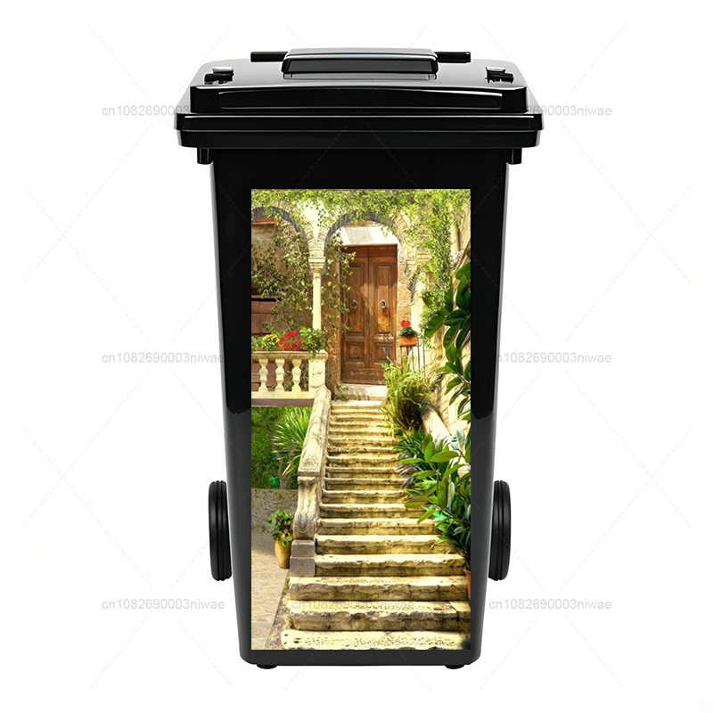 Plant landscape painting trash can stickers, outdoor trash can stickers, PVC waterproof decorative stickers: Small / Blue