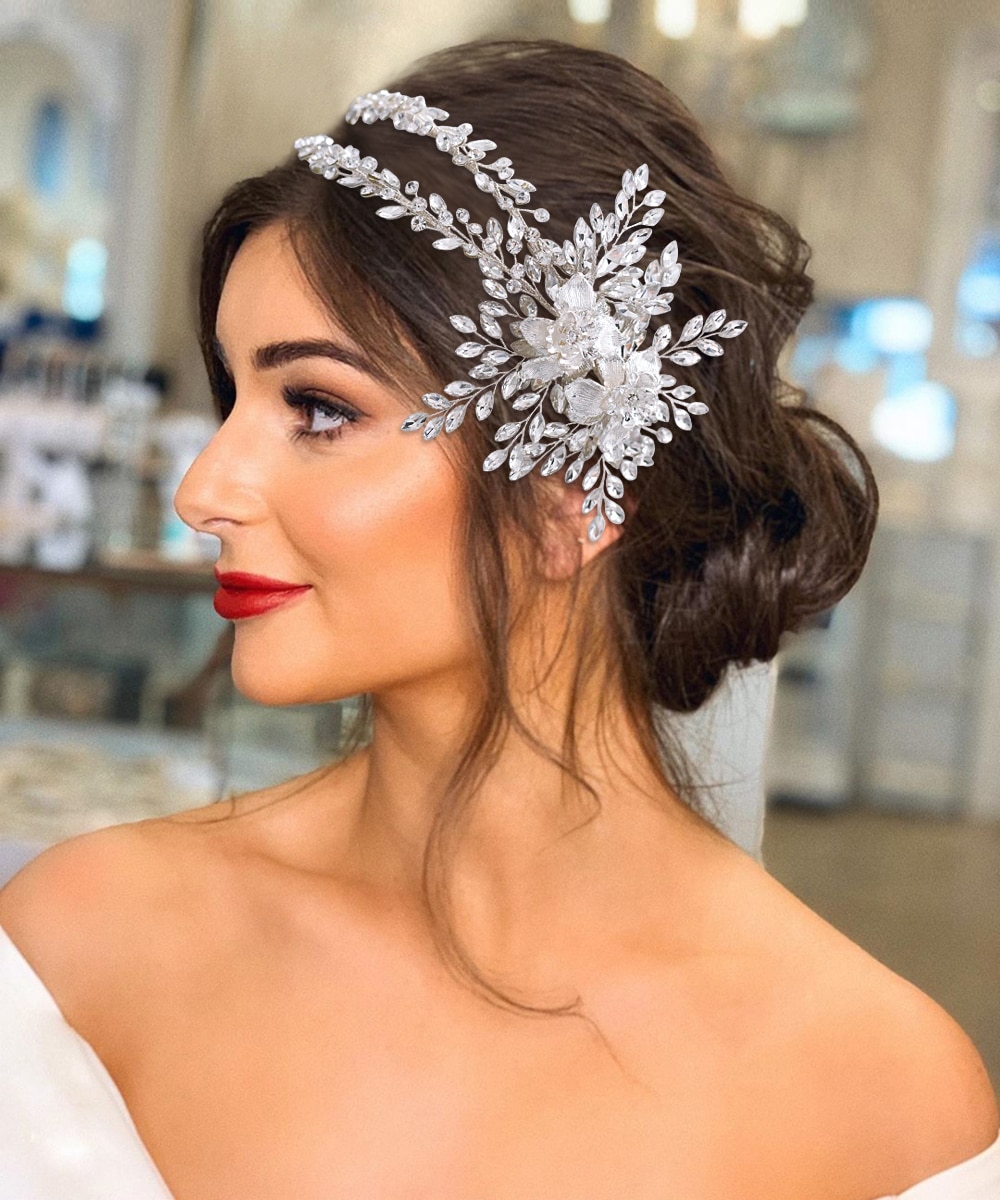 Trixy H284 Luxe Bridal Hoofdband Sieraden Hoofdband Bruiloft Haar Accessoires Prinses Kroon Zilveren Bloem Hoofddeksel