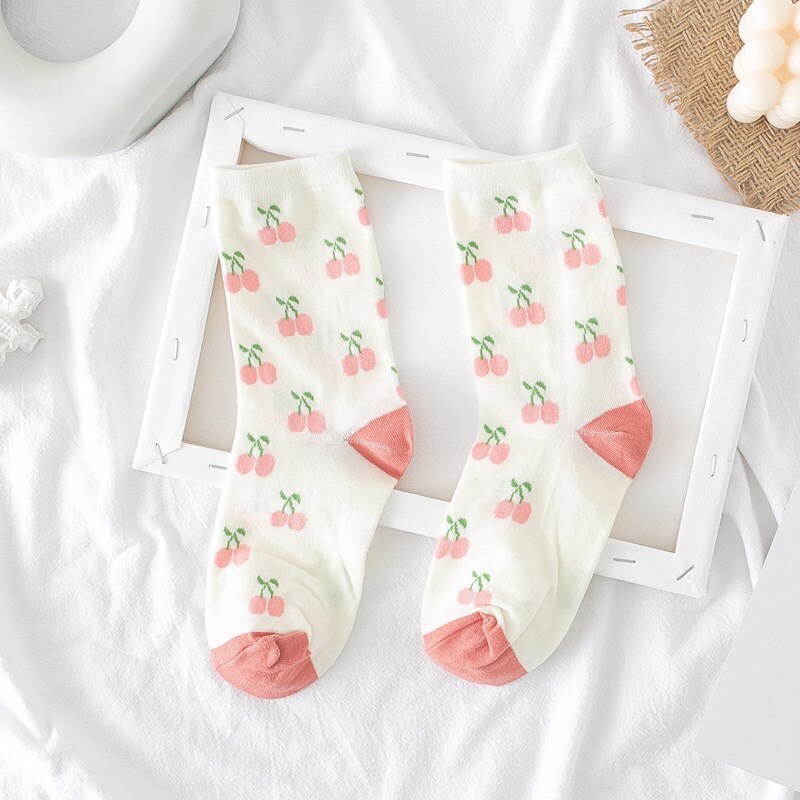 Cartoon Fruit Print Women Funny Socks Japanese Style Girls Kawaii Cute Crew Socks Cotton Breathable Harajuku Retro Casual Socks: Cherry