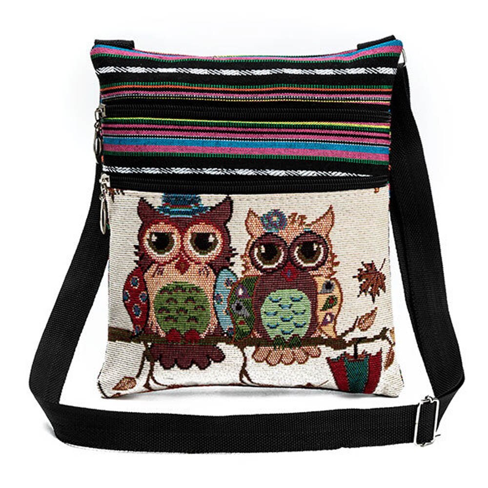 Vintage Frauen Kleine Taschen Cartoon Eule Druck Schulter Messenger Taschen Leinwand Nationalen Doppel-reißverschluss Mini Flap Bag Frau