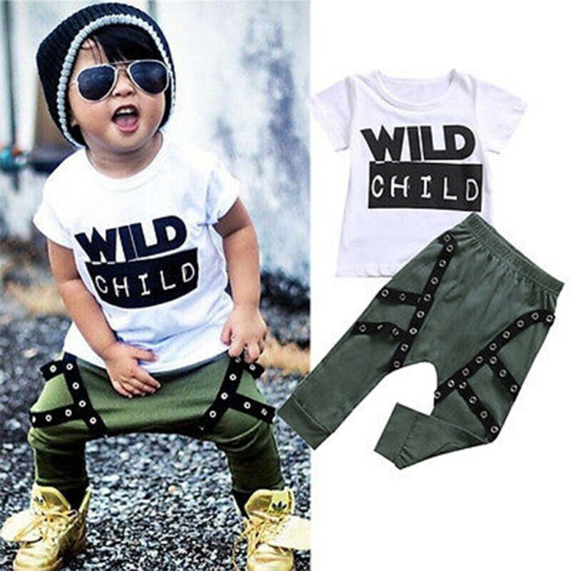 Toddler Kid Baby Boys Wild Child T-shirt Top+Long Pants Outfits Clothes Set