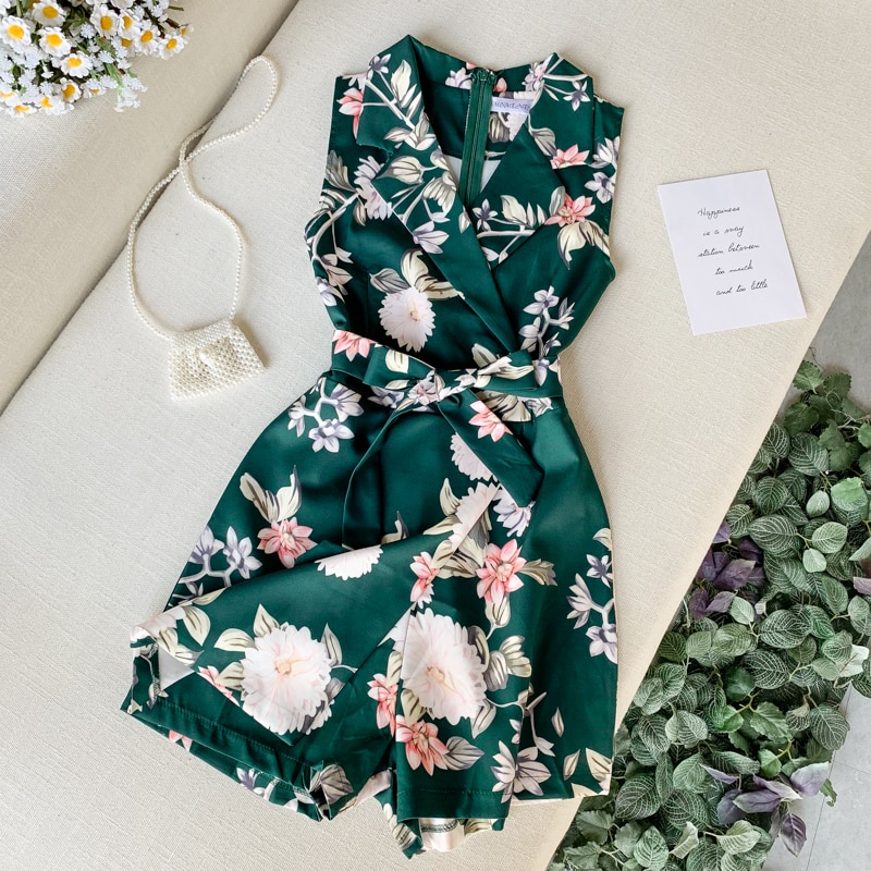 Sommer bukser dame jumpsuit ærmeløs print slim casaul bodysuit dame strand jumpsuit kort