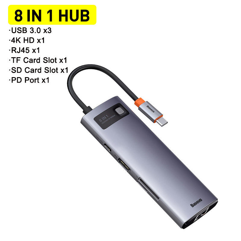 Baseus – HUB USB 3.0 Type C vers HDMI, adaptateur de lecteur SD RJ45, séparateur HUB USB-C 8 en 1 pour MacBook Pro Air et ordinateur portable: 8 in 1 Type C HUB