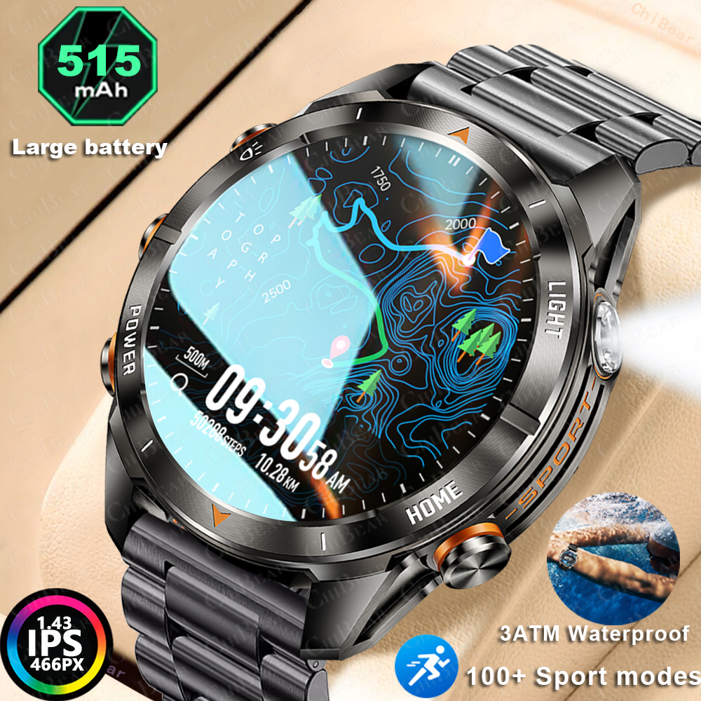 Quatro botões bluetooth chamada relógio inteligente masculino 1.43 Polegada hd sreen 100 + esportes 3atm lanterna à prova dwaterproof água smartwatch homem para huawei