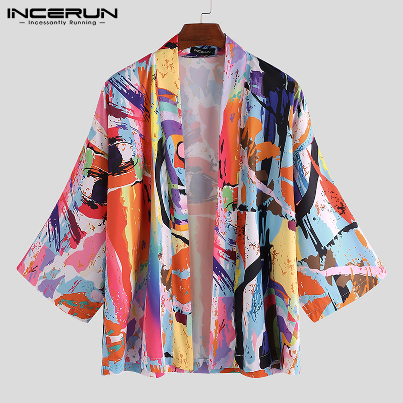 INCERUN Japanese Style Men Kimono Printed Outerwear Yukata Half Sleeve Vintage Loose Tops Men Cardigan Clothing 3XL