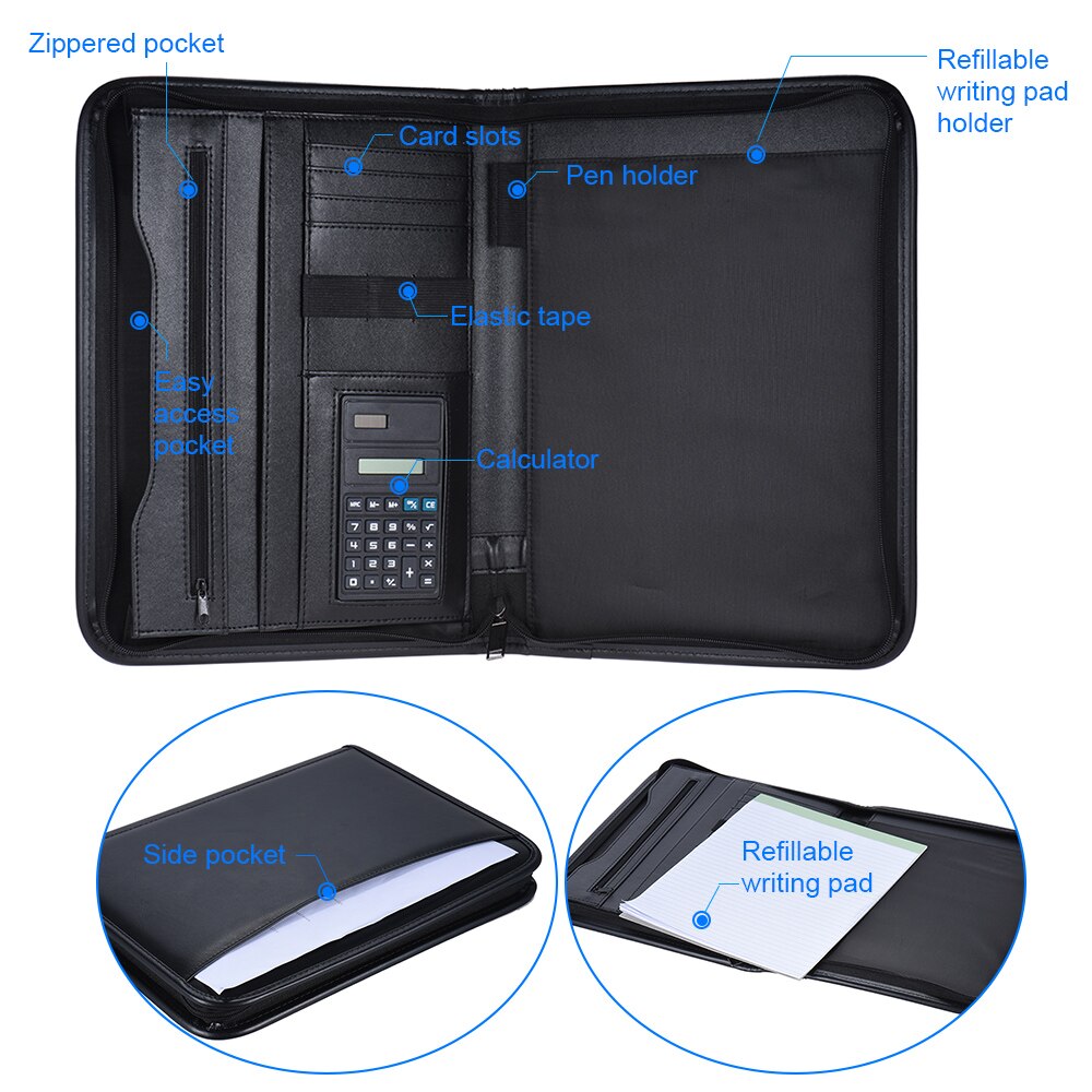 Multifunctional Padfolio Business Zippered Padfolio Folder Document Case Organizer Leather A4 PU Portfolio Memo Pad