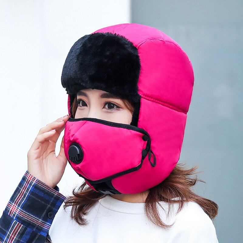 Vinter varm hætte vindtæt hat med åndedrætsventil cykling vindtæt høreværn ansigtsbeskyttelse hovedbeklædning med aftagelig maske: Rosenrød