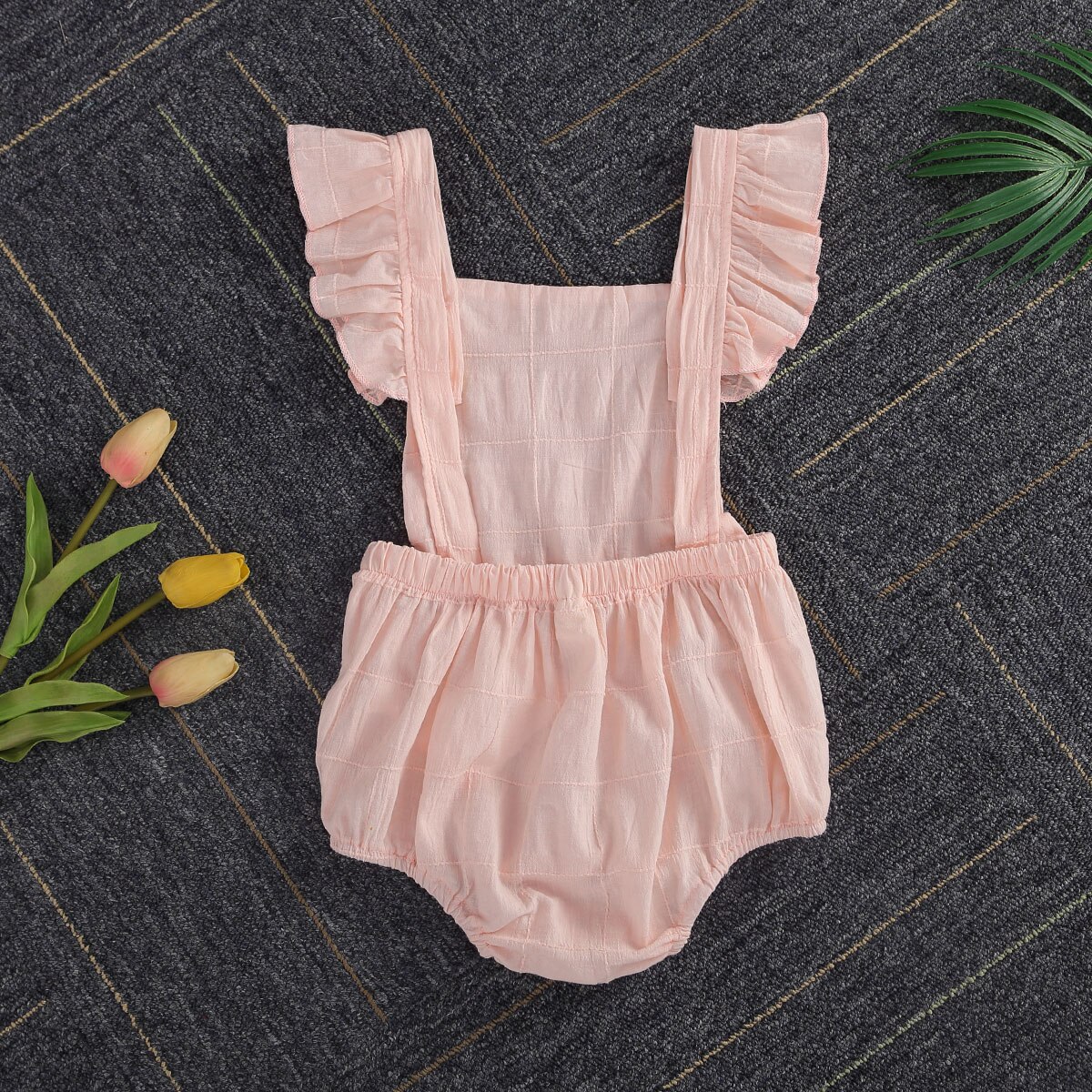 Baby meisjes romper van katoen linnen effen ruches mouw rechthoekige hals zijkant grote zakken outfit geplooide knoopsluiting jumpsuit