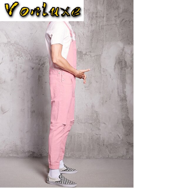 Rompertjes Heren Jumpsuit Mode Katoen Toevallige Mannelijke Denim Ripped Jeans Broek Roze Overalls Conjunto Masculino Plus Size
