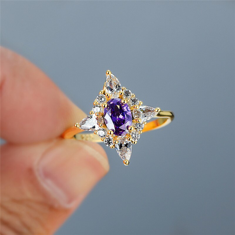 Female Crystal Purple Oval Ring Cute Yellow Gold Thin Wedding Rings For Women Bridal Geometric Engagement Ring