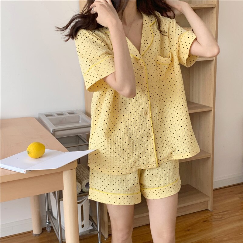 polka dot cotton summer pajamas set women sleepwear short sleeve shirts pyjamas shorts home clothes 2 piece set soft suit Y373: yellow