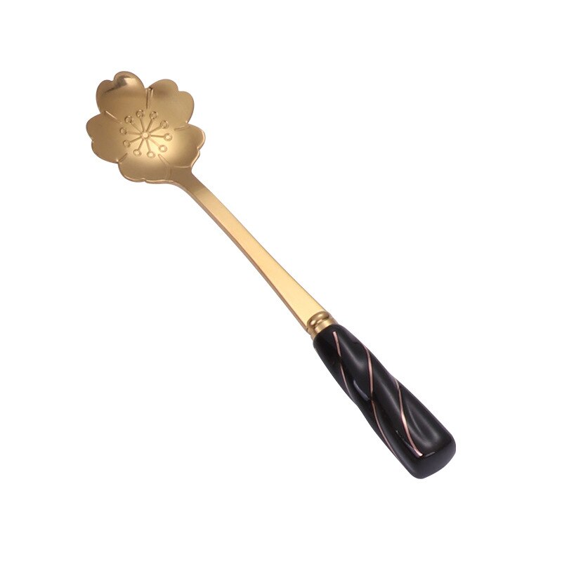 Cuchara de postre de cereza dorada japonesa creativa, mango de cerámica bonito, cuchara agitadora de café de acero inoxidable, , 1 ud.