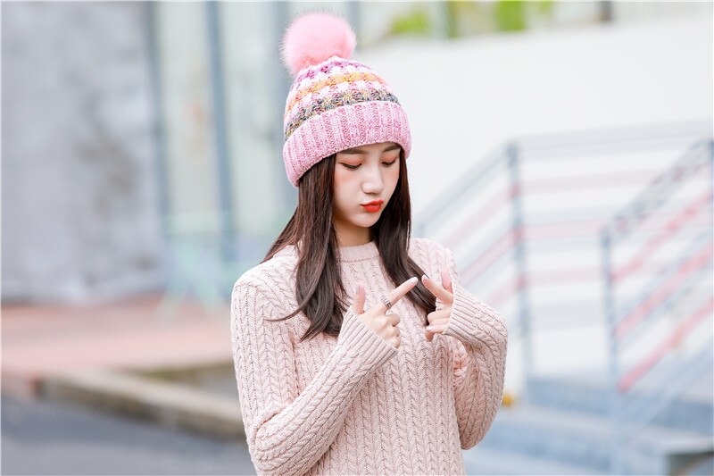 Dames muts warme winter outdoor pompon muts voor koud weer: Roze