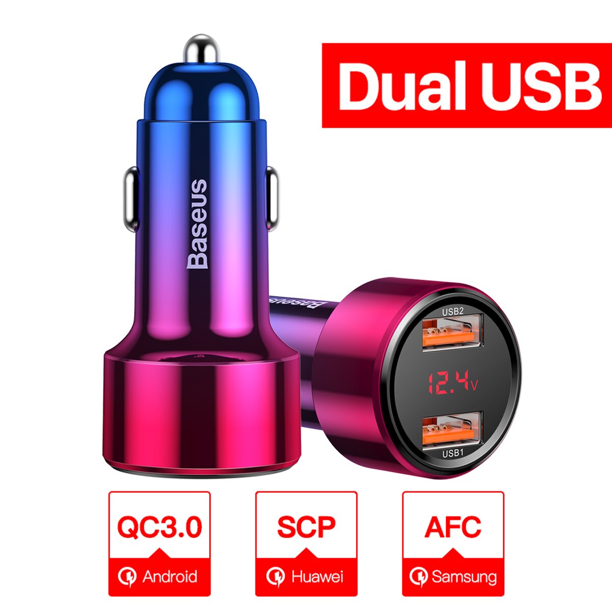 Baseus Quick Charge 4.0 3.0 Usb Car Charger Voor Iphone 13 Xiaomi Samsung Mobiele Telefoon QC4.0 QC3.0 Qc Type C pd Snelle Auto Opladen: Dual USB Red