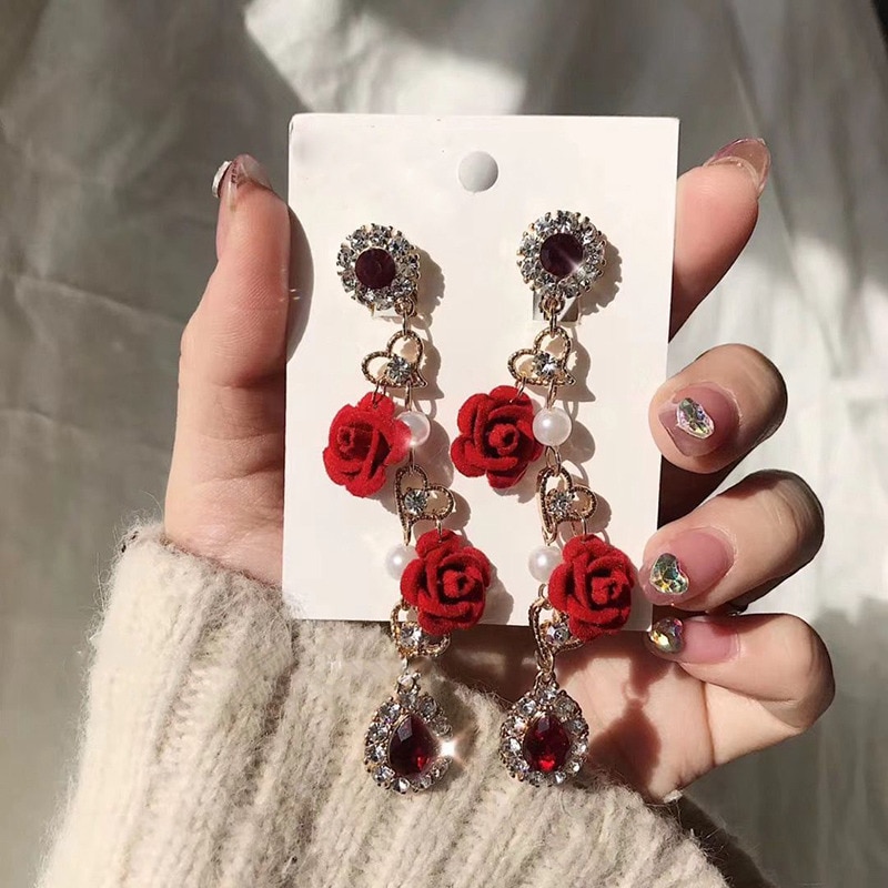 Korean Red Rose Velvet Flower Shiny Crystal Water Long Earrings For Women Accessories