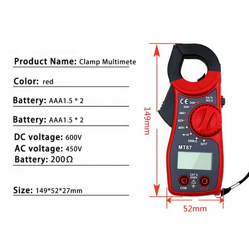 Digitale Stroomtang MT87 Dc/Ac 100A 1mA Ampèremeter Multimeter Auto Stroom Voltmeter Capaciteit Temp Tester: MT87 Red