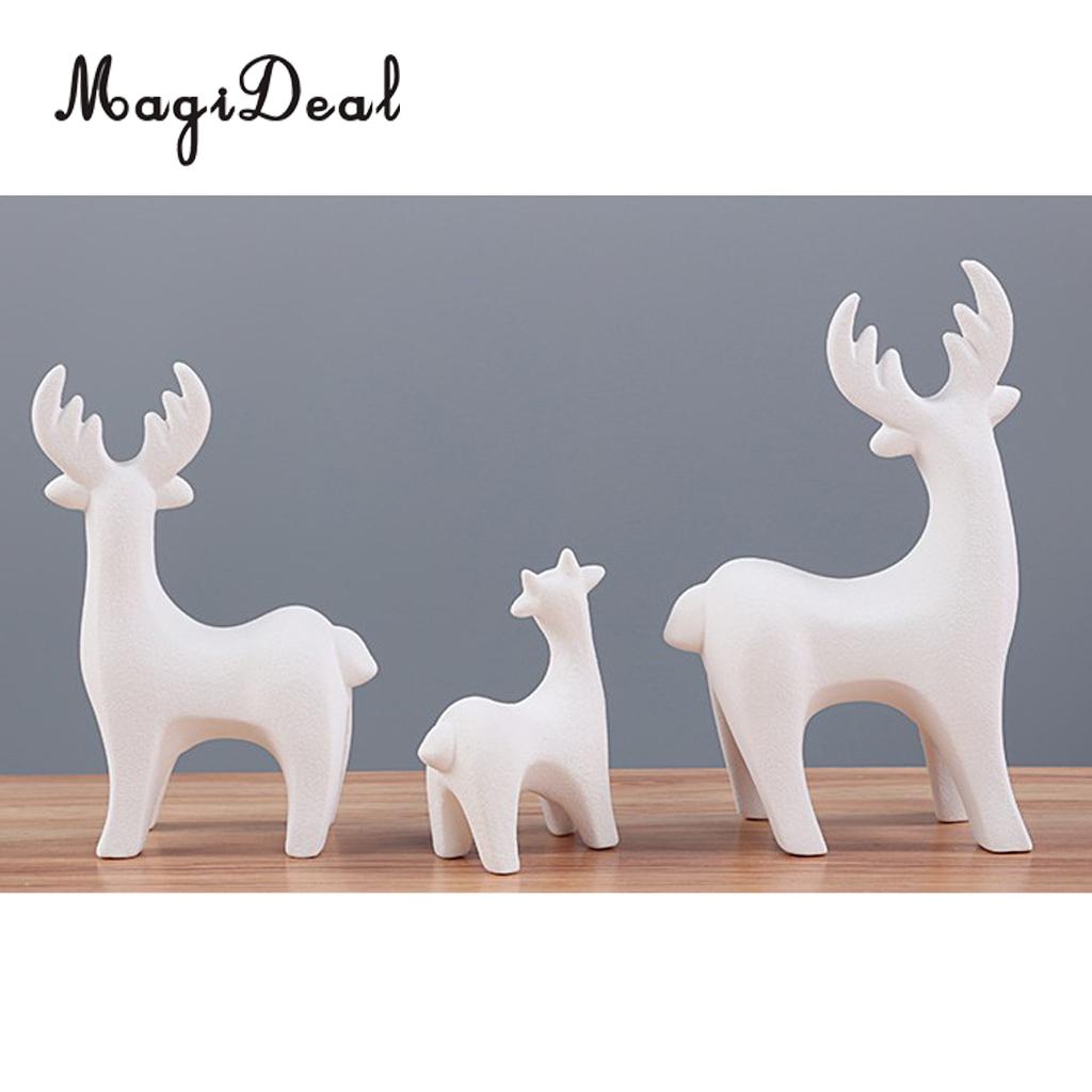 MagiDeal White Ceramic Deer Reindeer Set Figurines Statue Ornament Handcraft Art Collection for Home Decor Christmas