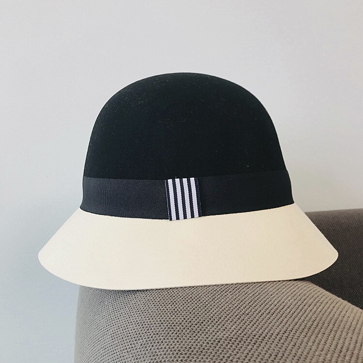 Wool Felt Black White Splicing Ladies Floppy Hats Winter Bucket Women Fedora Hat Church Derby Party Bucket Jazz Hat