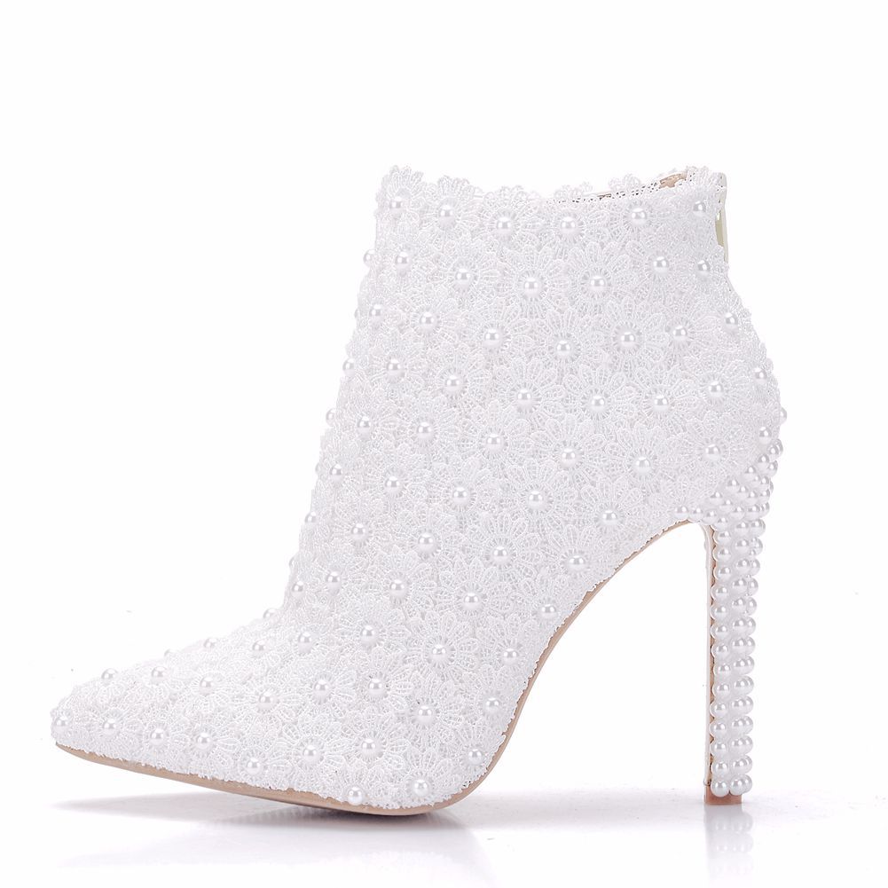 Lederen Laarzen Vrouwen Hoge Hakken Enkellaarsjes Puntschoen Parels Kant Bruiloft Schoenen Lente Herfst Parel Hakken Witte Korte Laarzen