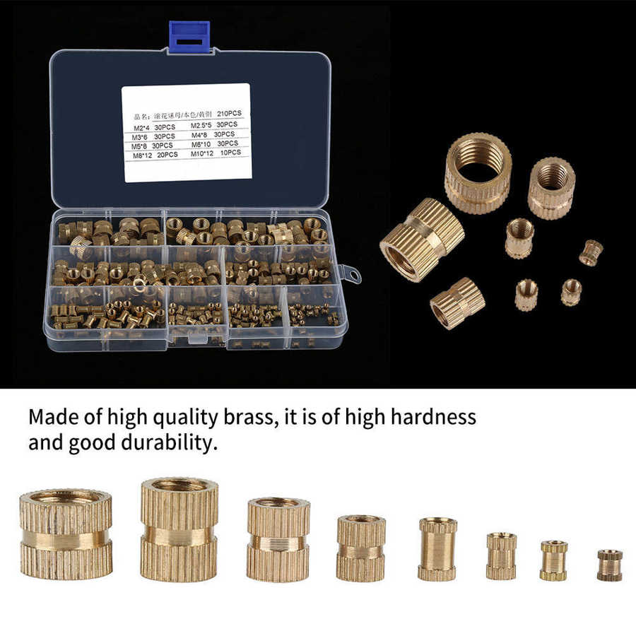 210pcs Brass Cylinder Knurled Threaded Insert Embedded Nuts M2/2.5/3/4/5/6/8/10