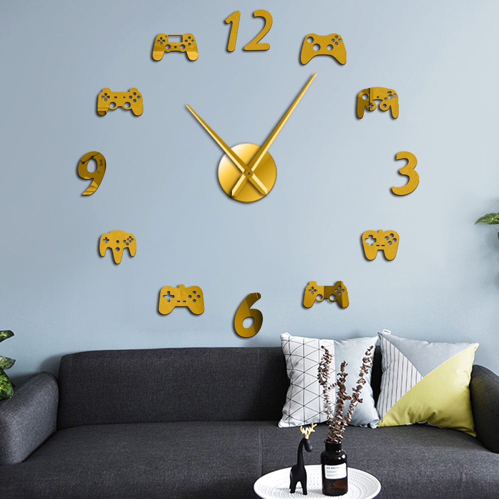 Gamepad DIY Wall Clock Modern Video Game Controllers Giant Wall Clock 3D Mirror Effect Wall Decor Sticker Huge Wall Watch