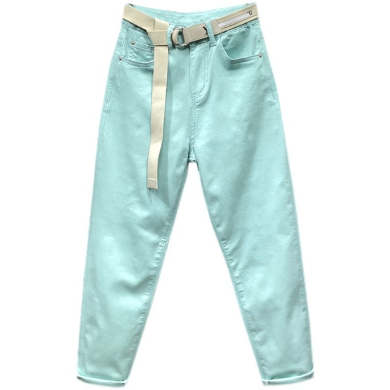 Pantalon en Denim vert menthe pour femme, jean élastique taille haute, couleur pure, longueur cheville, printemps automne
