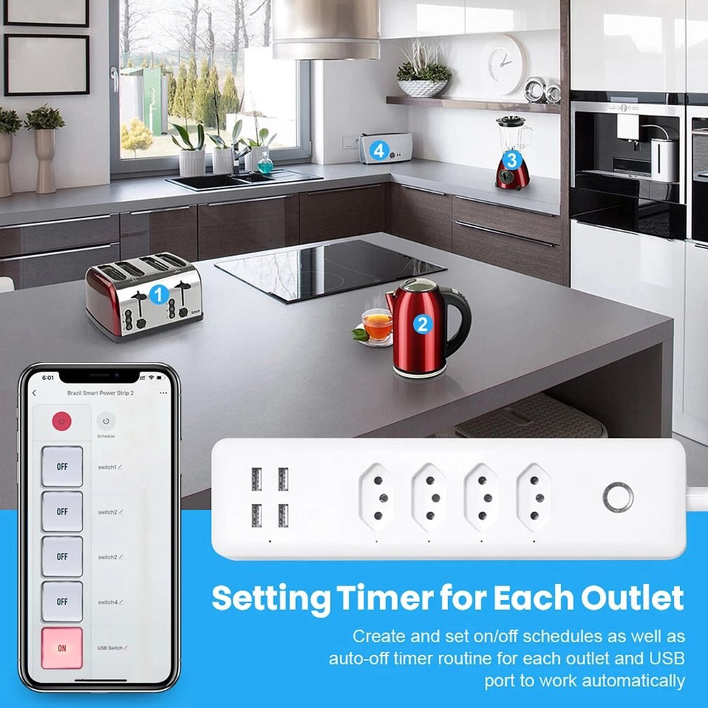 WiFi Smart Power Strip With 4 Outlets 4 USB Charging Ports Extension Cord Travel Multi Plug Extender