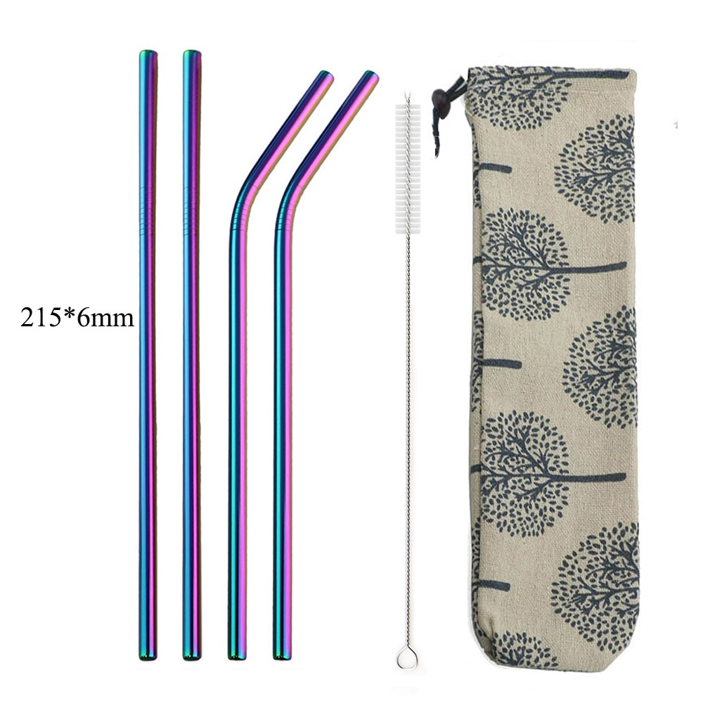 6 Pieces Rainbow Eco Friendly Stainless Steel Straw Reusable Metal Colorful Straws Metal with Brush & Bag Bar Tools