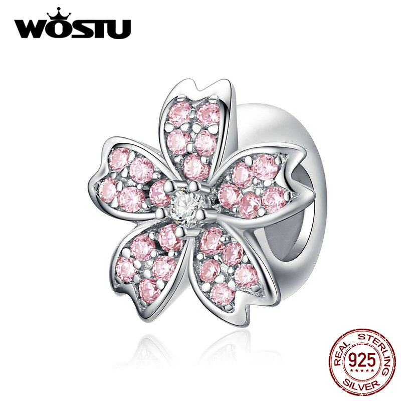 Wostu Sterling Zilver Roze Sakura Geluk Bloem Bedels Kralen Fit Originele Vrouwen Armband Diy Sieraden CQC1291