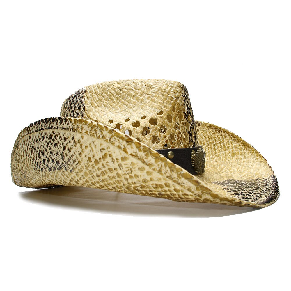 Luckylianji retro dam herr sommar halm strand bred brätte cowboy western cowgirl hatt ihåliga vapen skylt läderband (justerad)