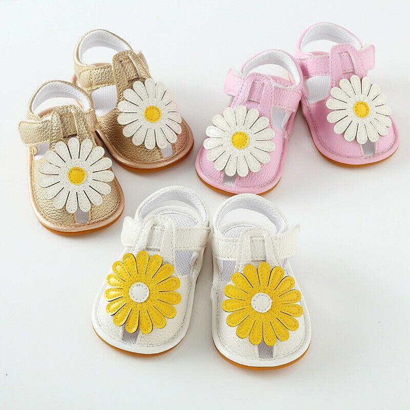 Zapatos de princesa para bebés y niñas, sandalias de verano con suela suave de flores para niño de cuna, Botines de cuero PU con girasol