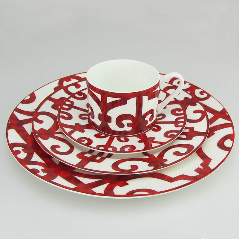 Juego de vajilla roja de hueso español, juego de platos y tazas de café