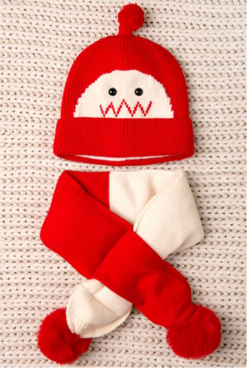Børn vinter varm hat og tørklæde barn kort plys indre søde hat 2 stykke sæt baby ørebeskyttelseshætte med pom pom tørklæder: Rød