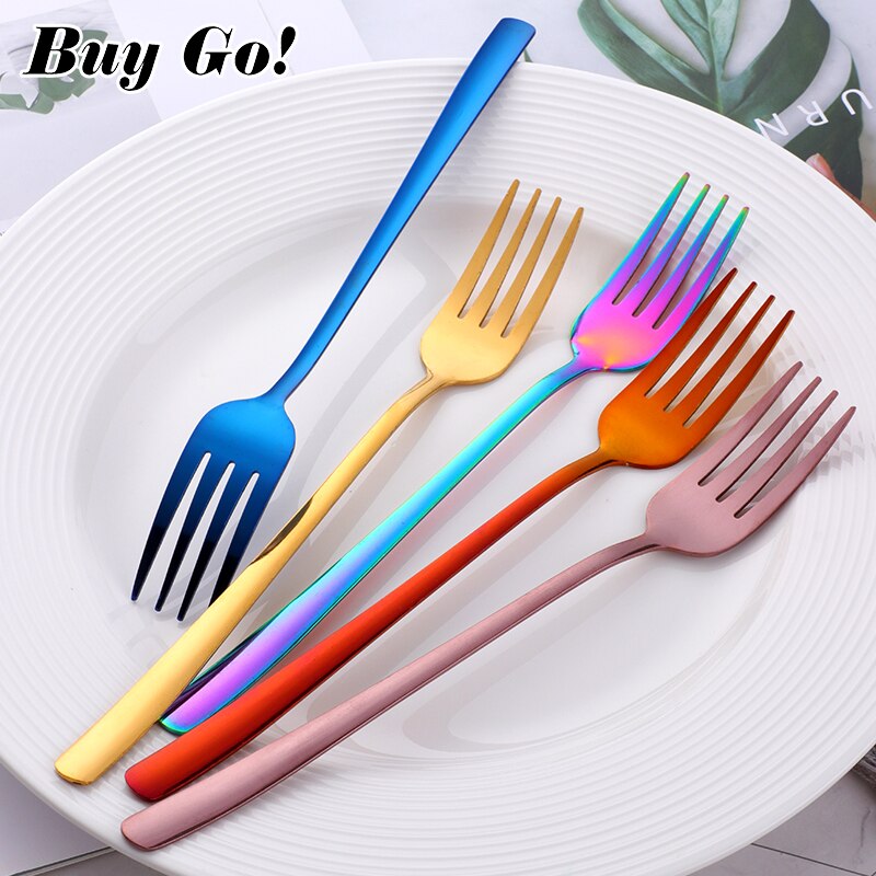 1PC Stainless Steel Dinner Fork Korean Colourful Dessert Fruit Fork With Long Handle Gold Blue Fork Set for Hotel Party Supplies