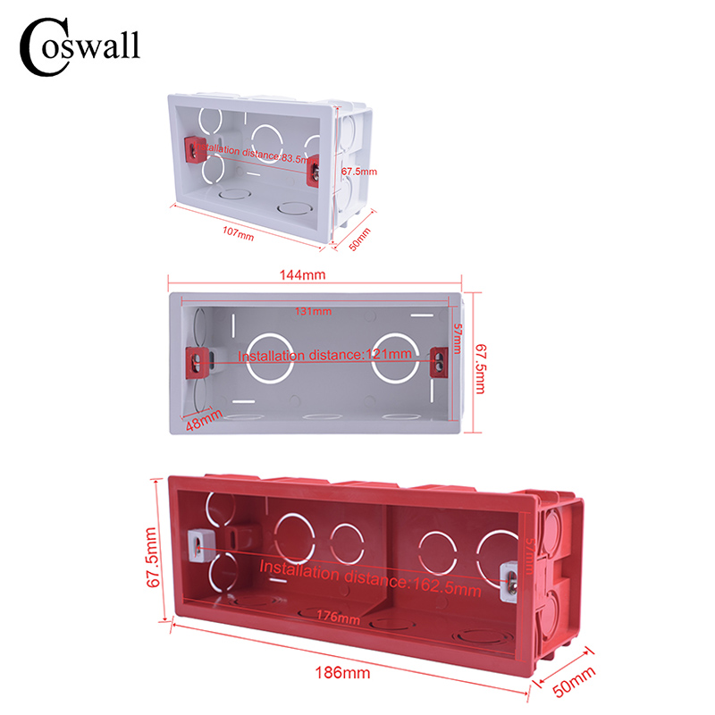 COSWALL-caja de montaje interna, Cassette trasero de gran , 107/144/186MM x 67,5 MM, para interruptores y enchufes de pared de 118/154/197 MM x 72MM