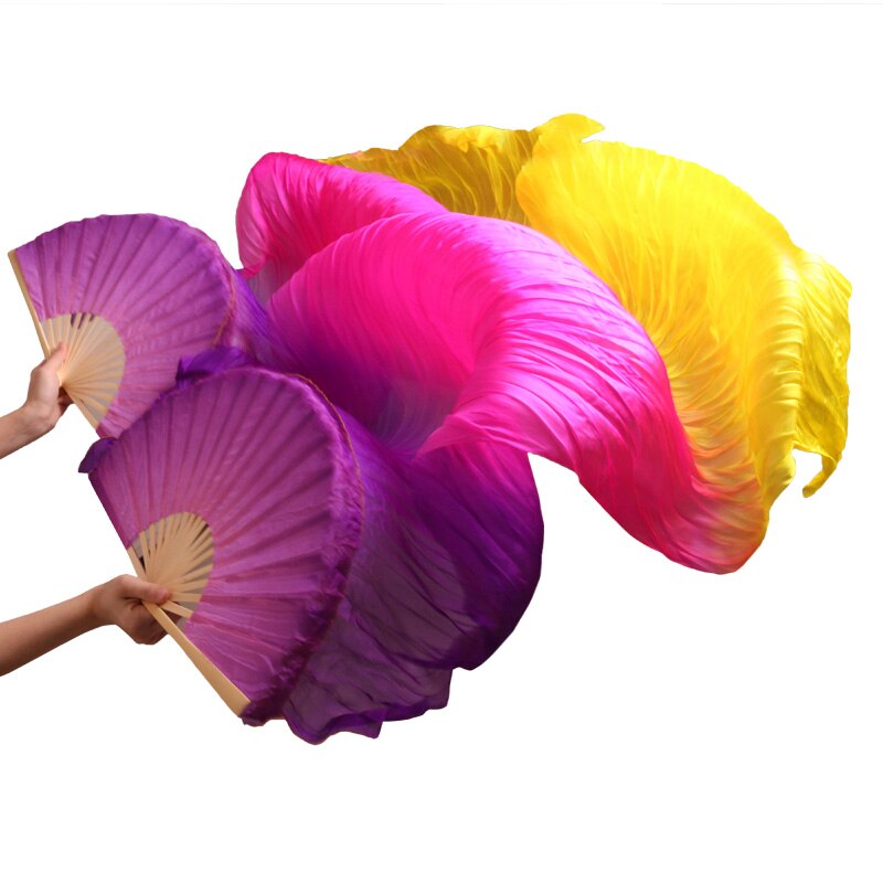 1 par de abanicos del baile, varillas de bambú, accesorios para actuación en escenario de seda Natural, abanicos para danza del vientre, abanicos de seda púrpura + Rosa + amarillo