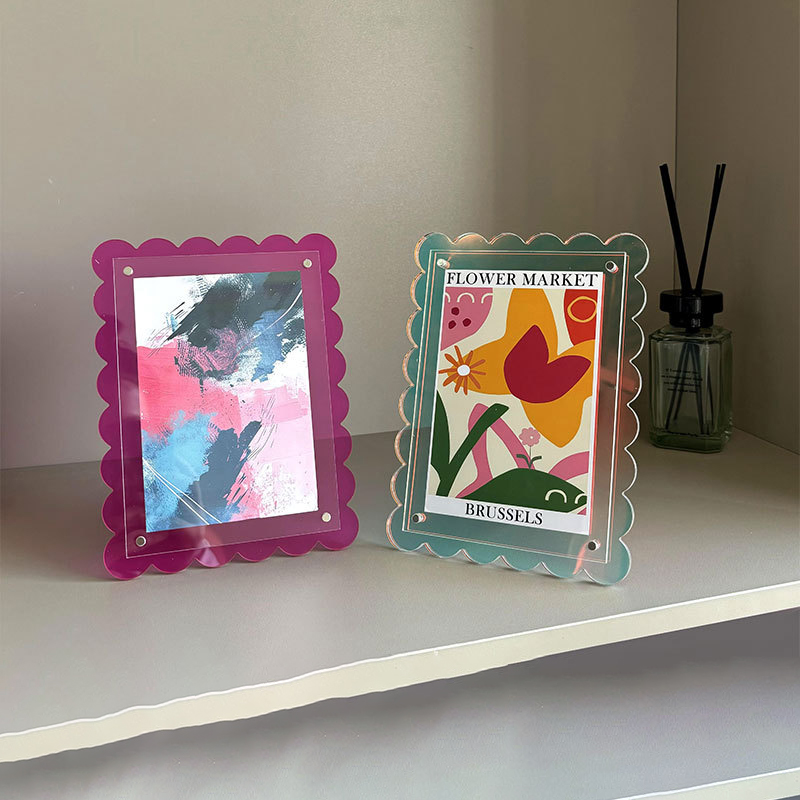 Marco de acrílico festoneado para decoración de escritorio, marco de fotos moderno de color neón magnético para mesa, hogar y oficina