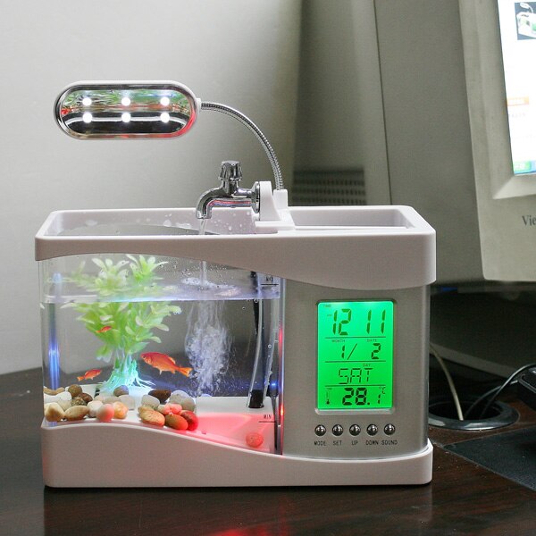 DADYPET-Acuario con pantalla LCD y reloj, Mini pecera con luz LED para lámpara, USB